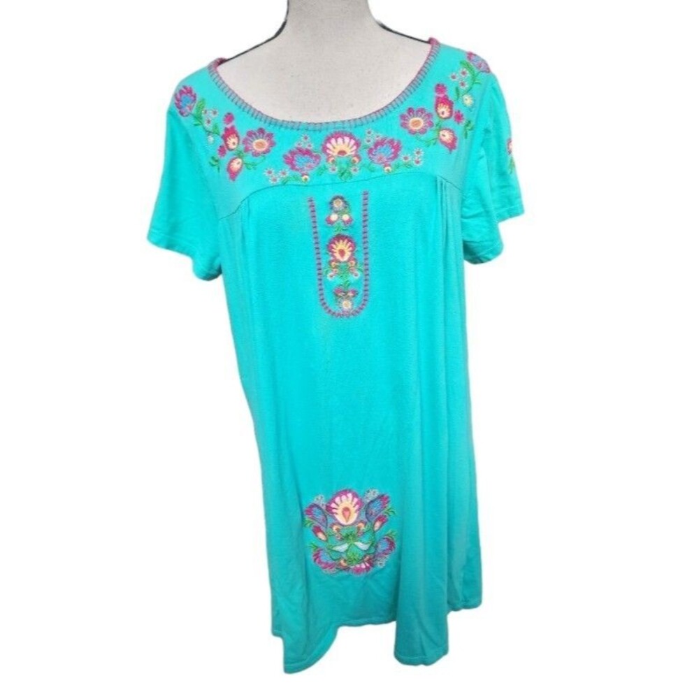 646 Main Embroidered Tunic Green Size Large Boho Hippie